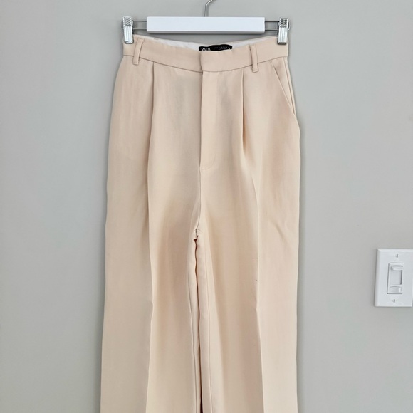 Zara High-Rise Pleated Straight-Leg Wide Leg Trousers XS Cream - Picture 3 of 15